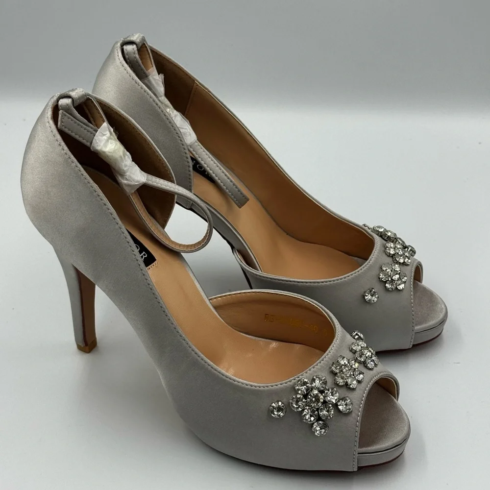 Silver Satin Peep Toe Heels with Rhinestones, Size 9W (NWT)